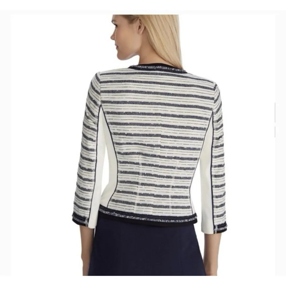 White House Black Market Womens Tweed Blazer Jacket Fringe Chain Ivory Navy Sz 0 - Image 5