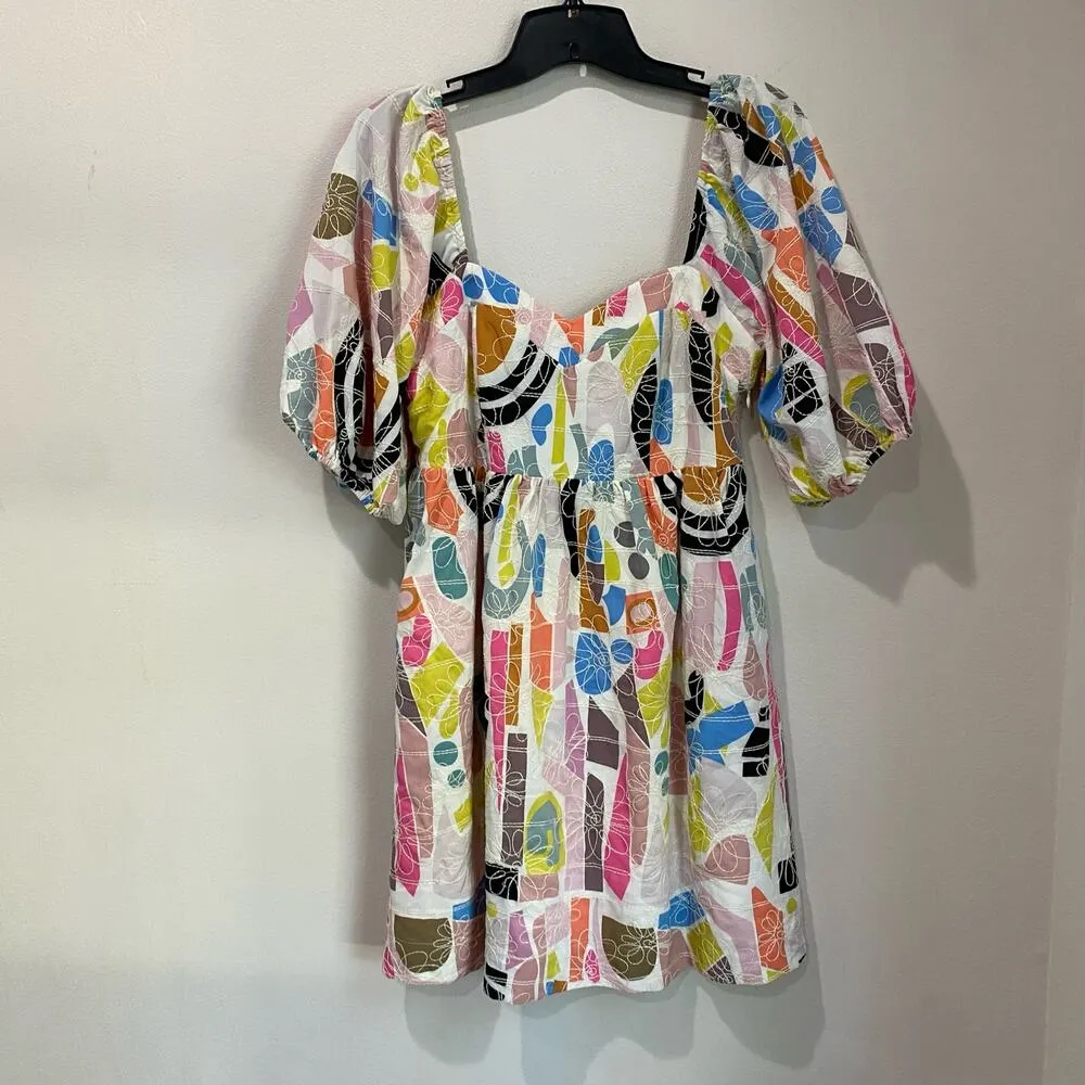Joy Joy Embrodiered Geo Print Colorful Babydoll Mini Puff Sleeve Dress Sz XS - Image 2