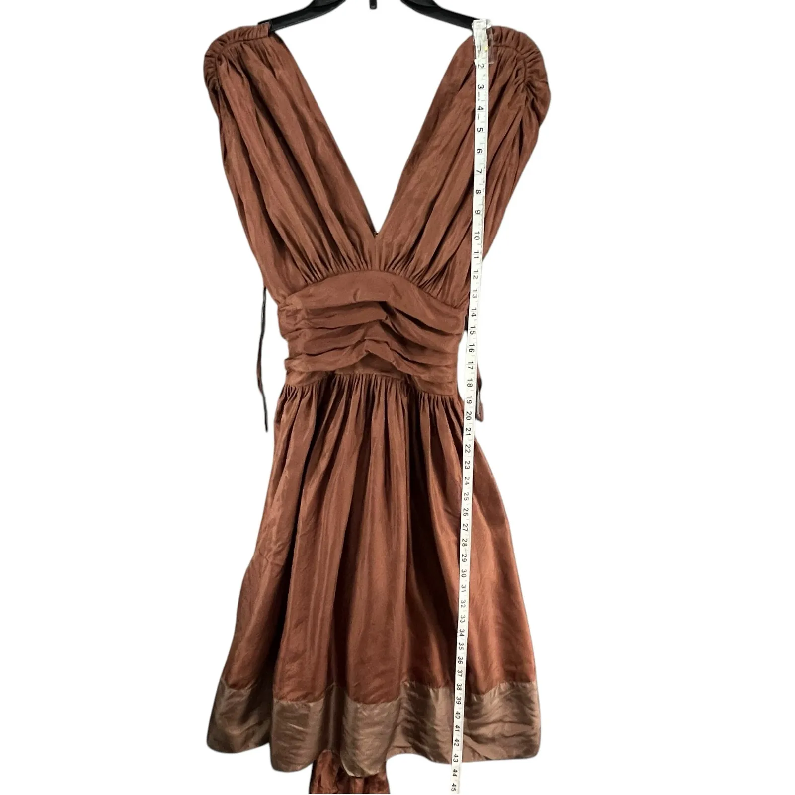 BCBGmaxazria Silk Dress Womens 6 Brown Pleated Sash Fit Flare Midi Greek Goddess - Image 9