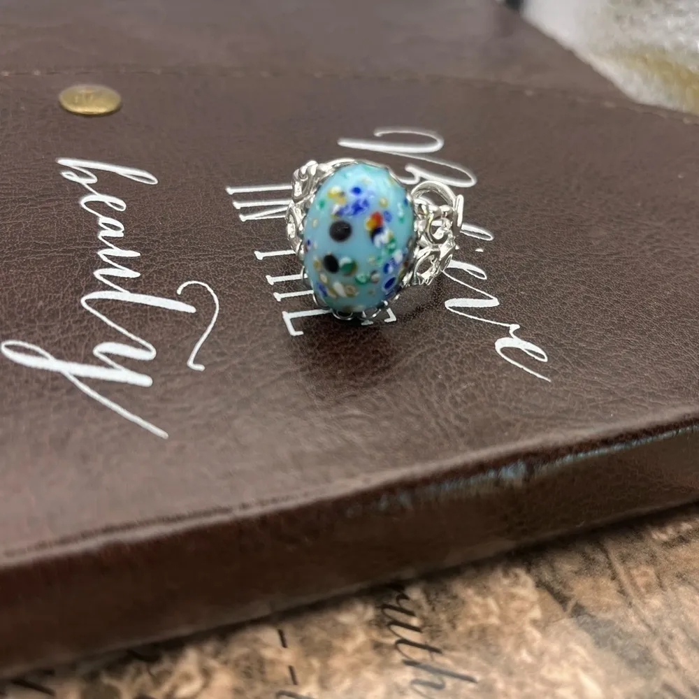 Handmade Vintage Millefiori Glass Cabochon Ring | Adjustable | One of a Kind Blue - Image 2