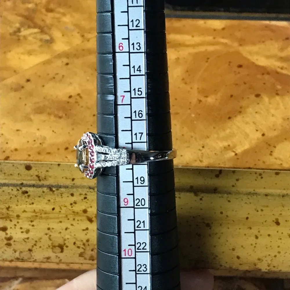 Natural Red Sapphire Yellow Zircon Sterling Silver Gemstone Halo Ring Size 8 - Image 4