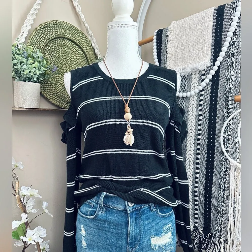 Jack by BB Dakota Black/White Striped Cozy Ruffle Cold Shoulder Sweater - Image 3