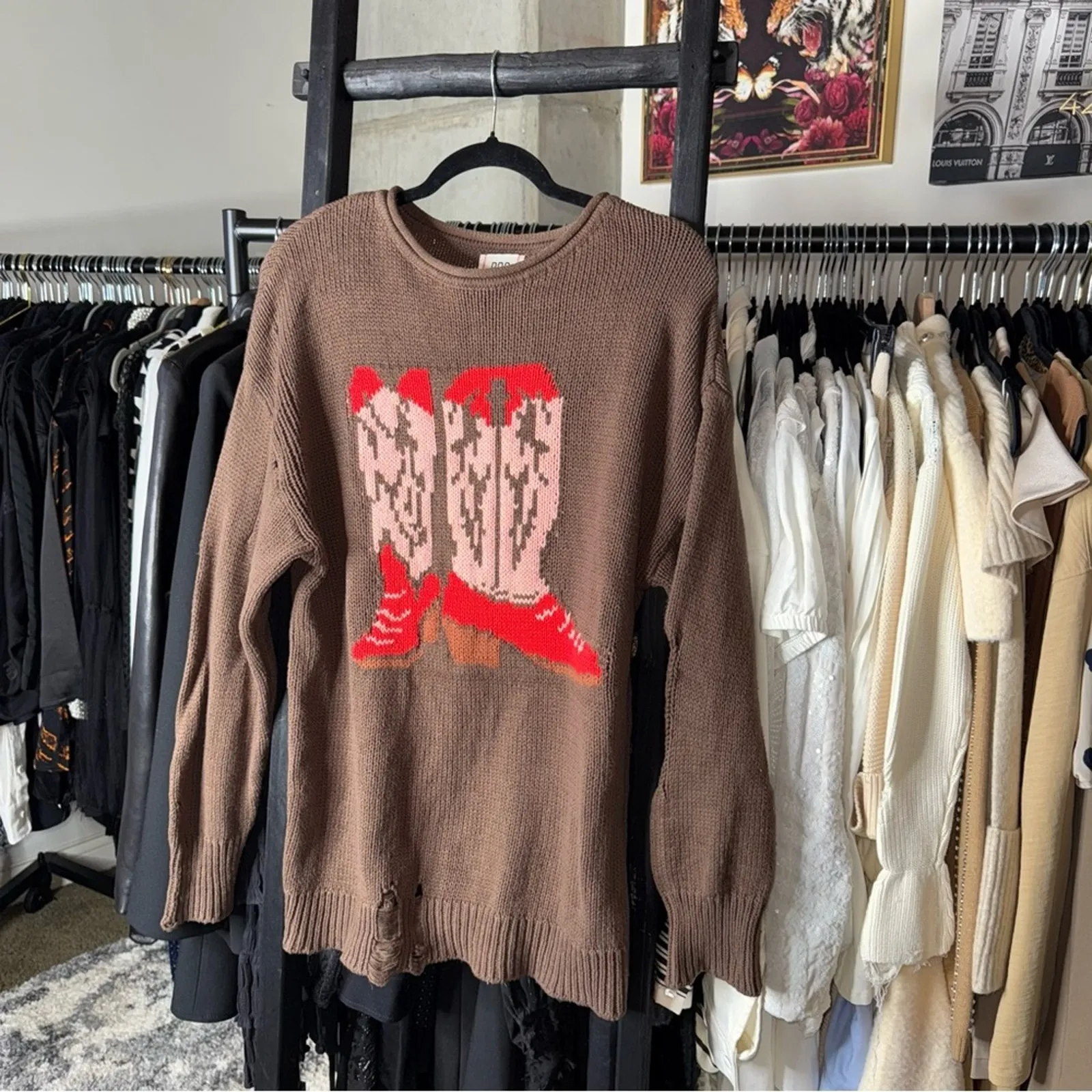 BDG Stella Cowboy Boot Graphic Distressed Oversized Pullover Sweater Brown Boots - Image 5