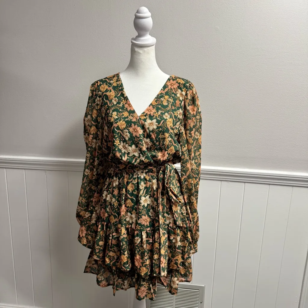 NEW Baltic Born Shirley Long Sleeve Floral Mini Dress Ruffle Hem Green Small S - Image 13