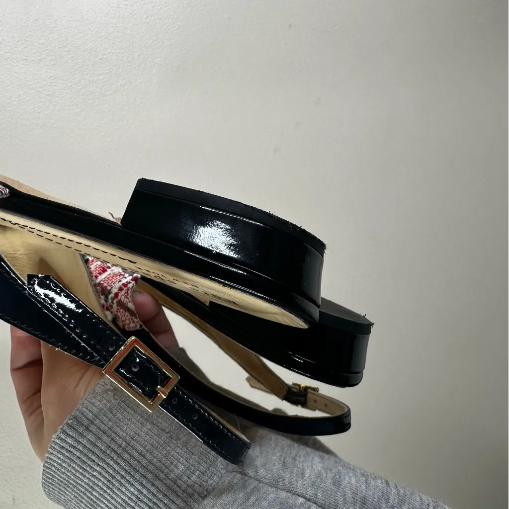 Kate Spade Tweed Plaid Slingback Shoes Womens 9 Patent Toe Low Heel Bow - Image 9