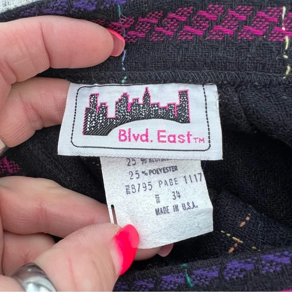 Vintage 80s Blvd East Black Plaid Skirt Neon Pink Purple Belted Pleat Wool Blend Size XXL - Image 9