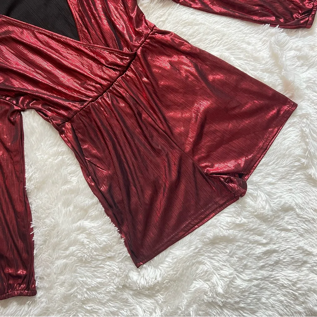 YOINS Metallic Long Sleeve Romper Dress Red Size M - Image 6