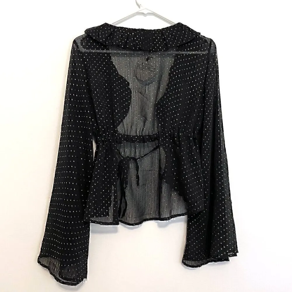 NEW NWT BOOHOO Spot Ruffle Plunge Blouse Black Gold Tie Long Flare Sleeve Sheer - Image 11