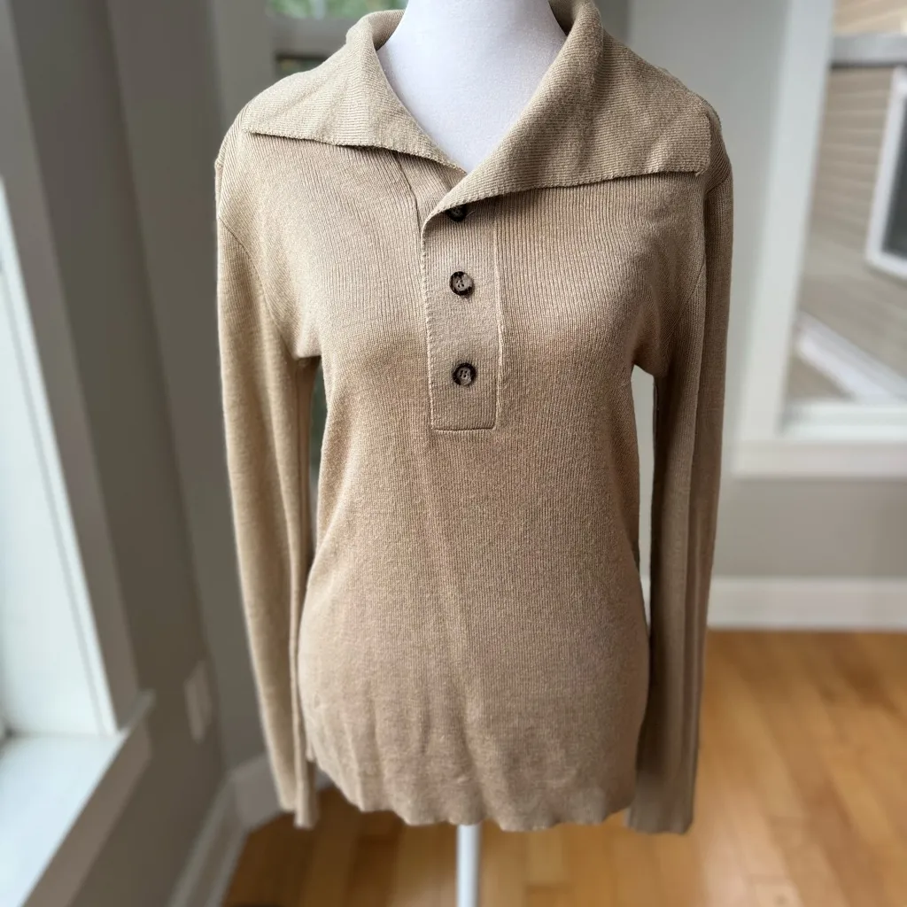 Vintage 70s 80s Damon Camel Tan Collared Slim Fit Henley Sweater Size Medium - Image 8