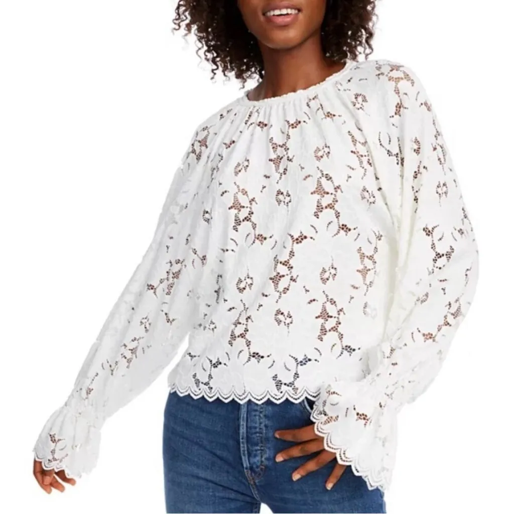 Free People White Lace Olivia Long Sleeve Blouse Shirt Top, M - Image 2
