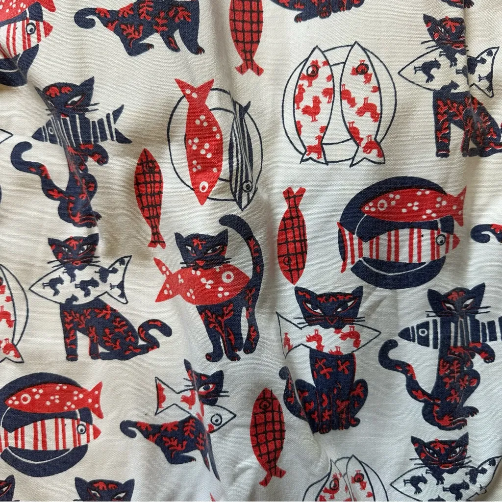 Vintage Novelty Fish Cat Print Adjustable Wrap Skirt Womens Navy Red White - Image 2