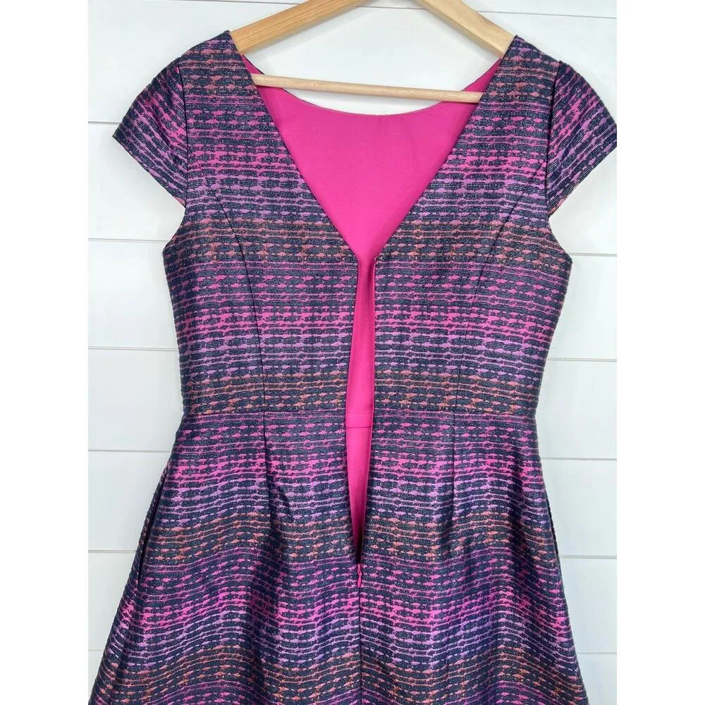 Vince Camuto Blue Pink Cap Sleeves Jacquard Pattern Fit & Flare Dress Size 8 - Image 10