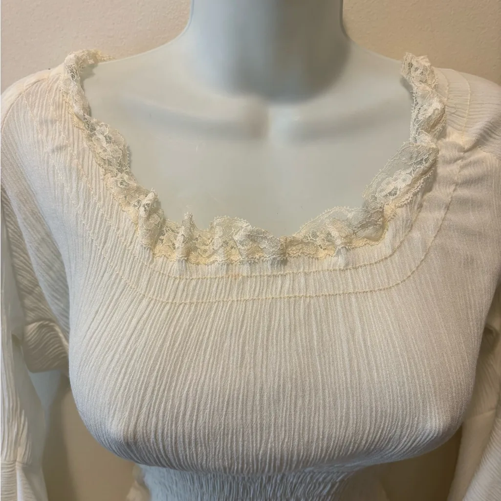 Eternal Love Long Bell Sleeve Ruffle Tunic Top Dress Ivory Sz S Smocked Front White - Image 6