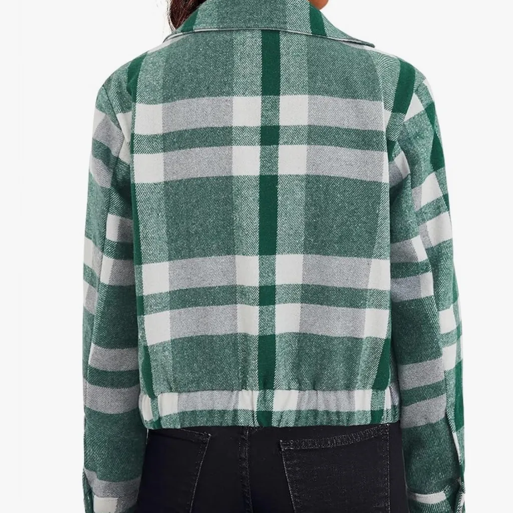 *NWT* Green & White Lightweight cropped military/safari plaid jacket sz XS - Image 2