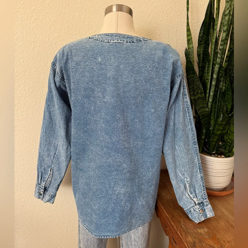 Vintage 90s Denim Embroidered Floral Beaded Boho Shirt long‎ sleeve large Blue - Image 2