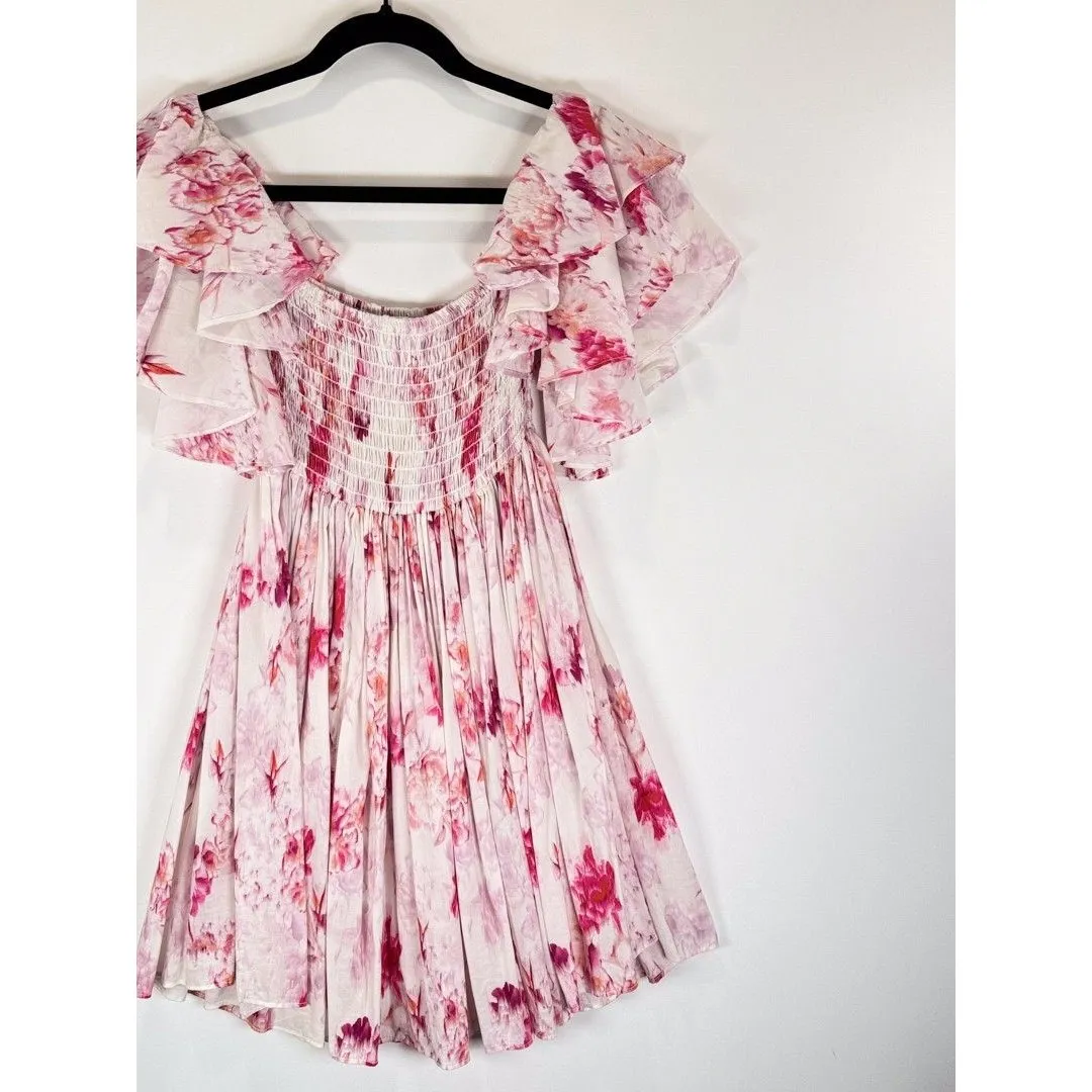 MISA Dress Pink Dina Mini Off Shoulder Smocked Abstract Rose Flowy Coquette XS - Image 7