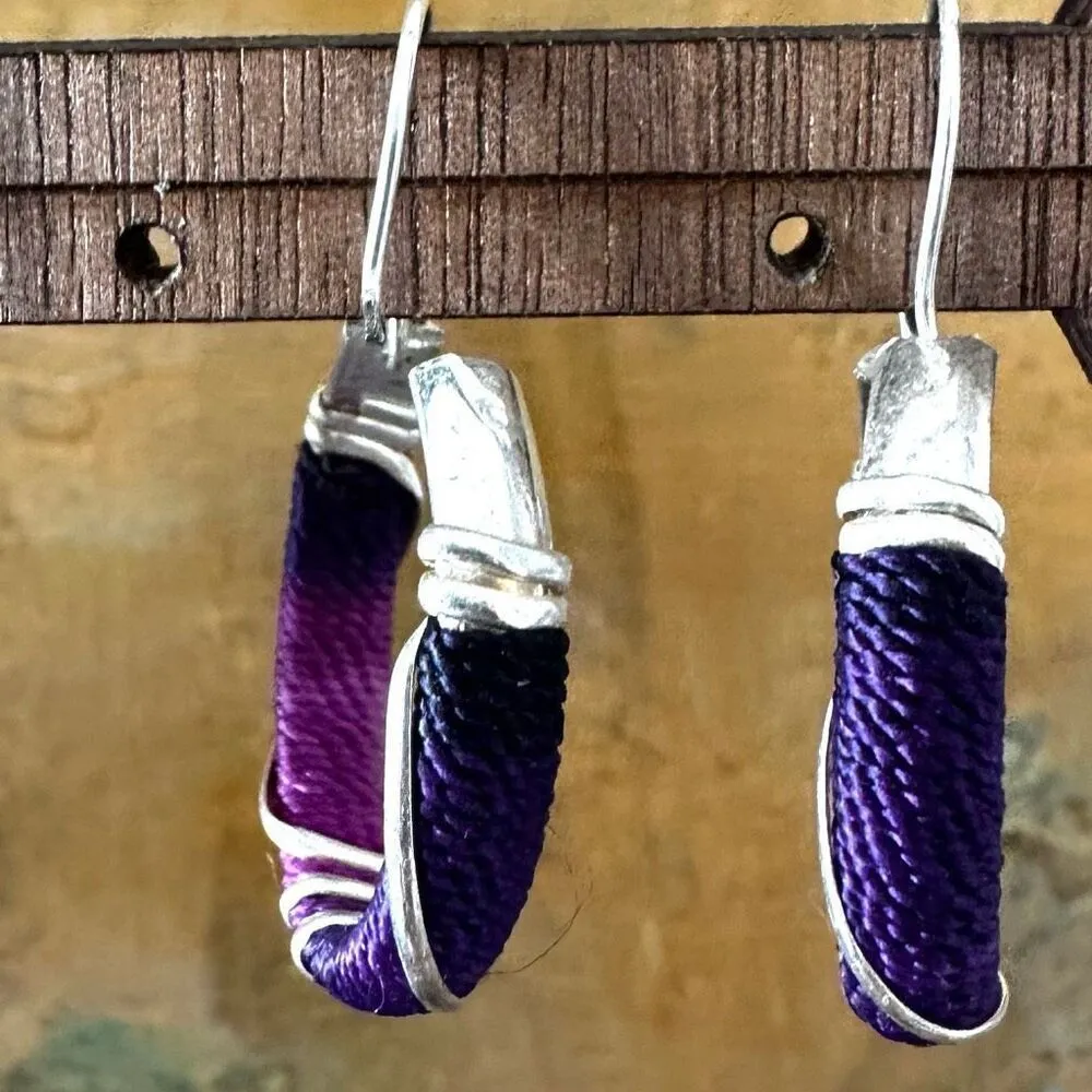 Purple threaded silver tone hoop earrings - Image 6