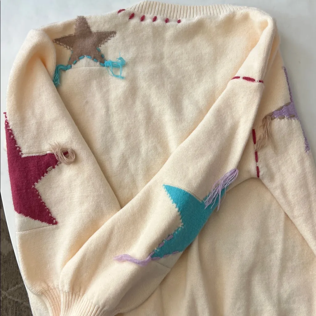 POL Patchwork Star Sweater - Beige V Neck Thick Knit Size Medium - Image 7
