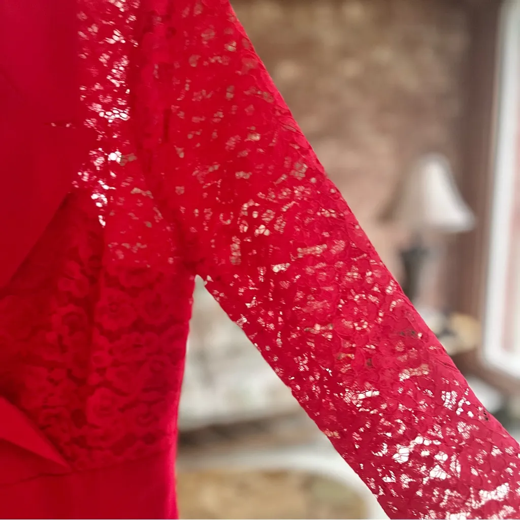 Venus Dress Red Lace Faux Wrap Mini Long Sleeve 6 Cocktail Party Chic Glam - Image 9