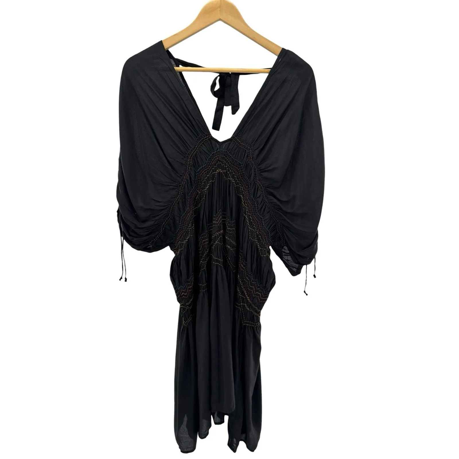 Free People Black Rainbow Smocked Boho Mini Dress S Ruched‎ Embroidered NWT - Image 7