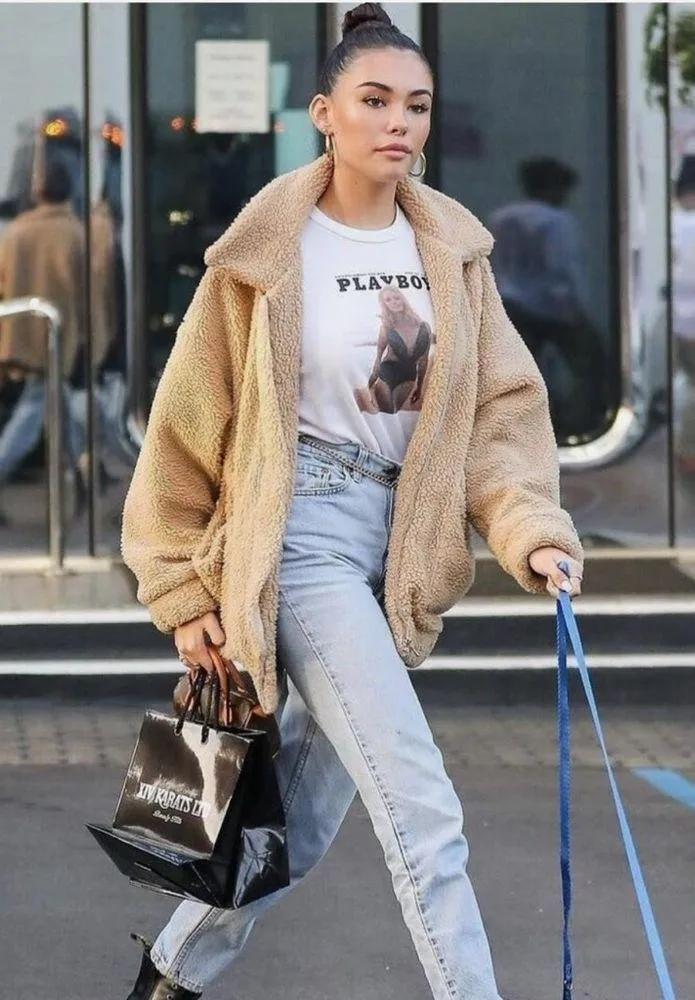 I.AmGia pixie brown Caramel Tan Sherpa Blogger zip up pocket front teddy coat - Image 2