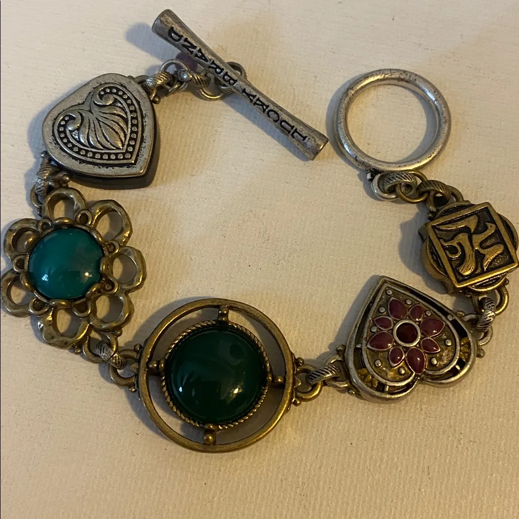 Lucky Brand Bracelet Multi Metal Brass Tone Heart Stone Green Boho Steampunk‎ - Image 5