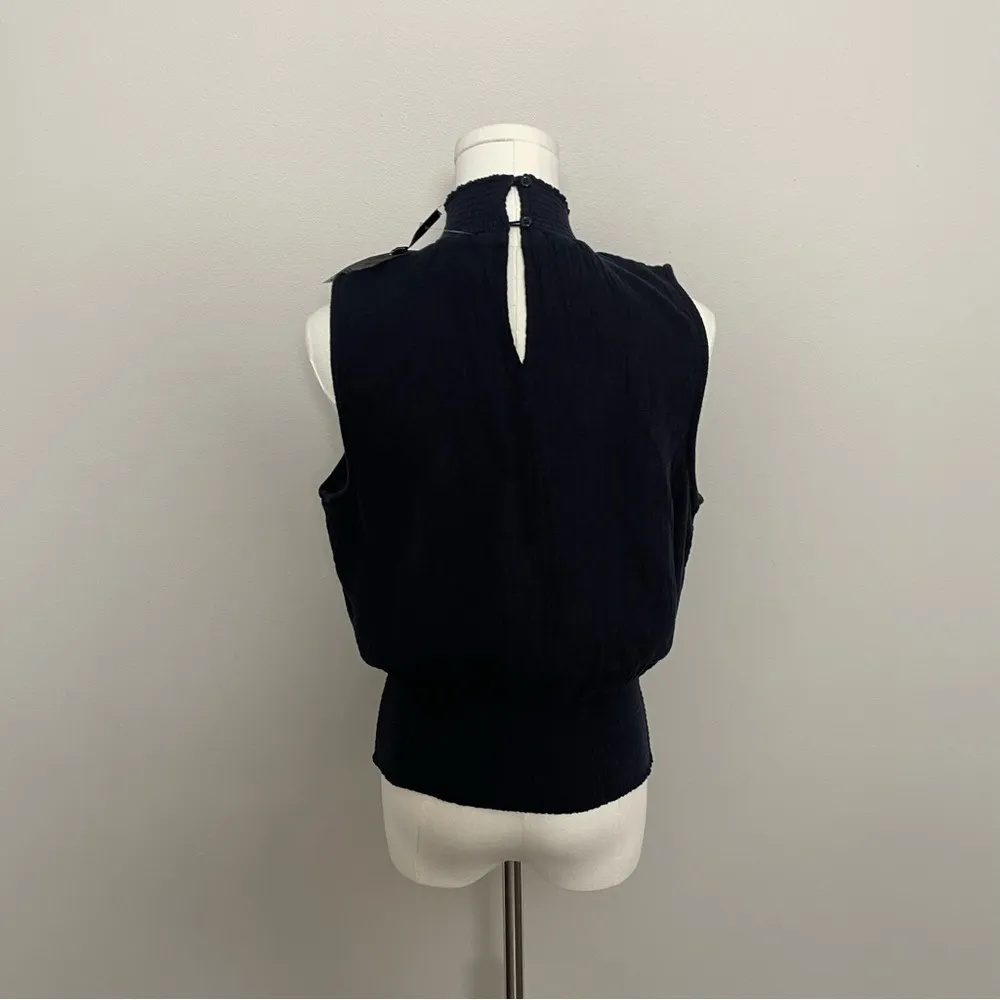 Sundays Top Gauze Cropped Mock Neckline Smocked Waist Quiet Luxury Navy Blue - Image 5