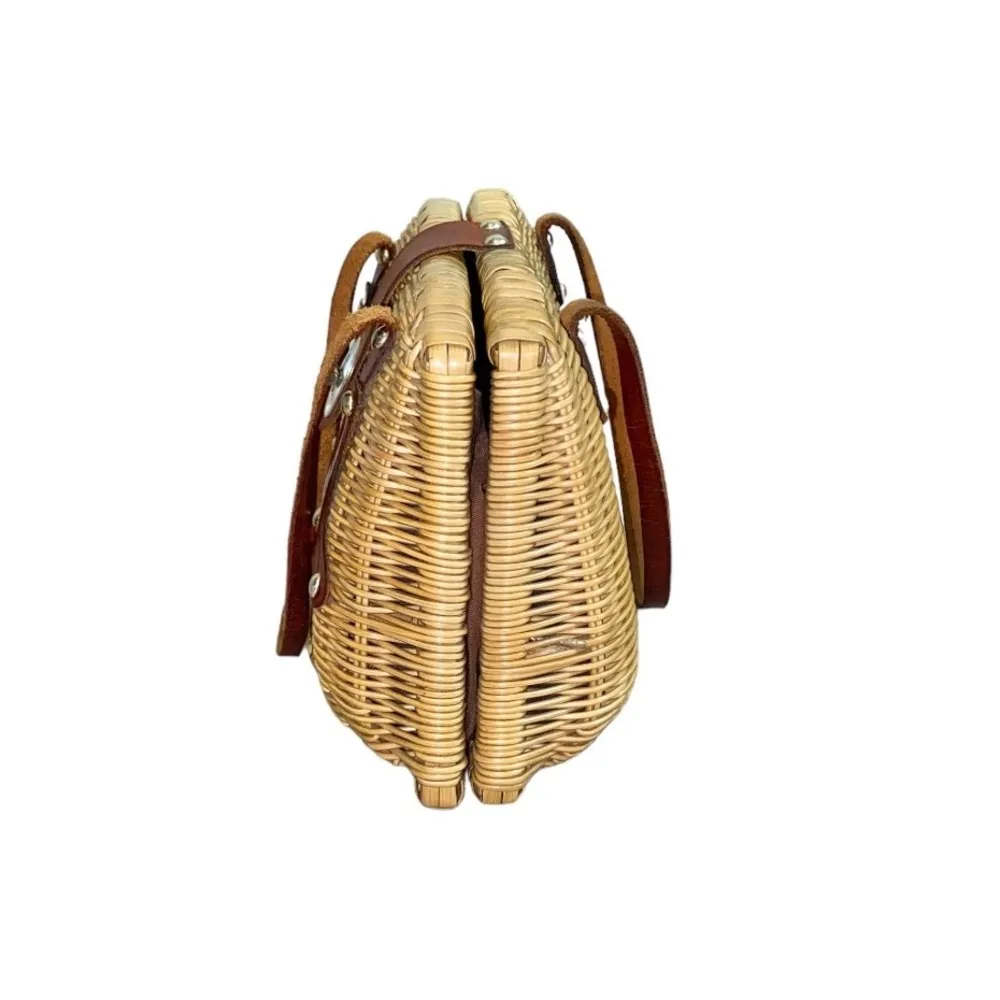 Vintage Boho Handwoven Oat Straw Wicker & leather Clamshell Basket Purse - Image 2