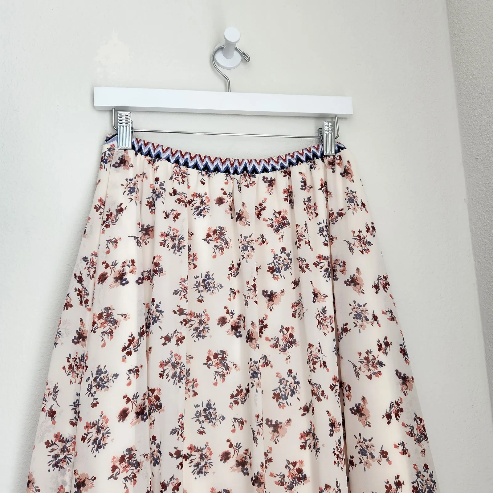 My Michelle White Pink Floral Faux Wrap High Low Sheer Midi Skirt Boho S M - Image 6