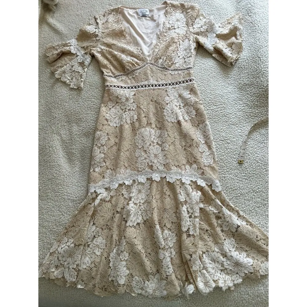 Saylor “Maggy” Floral Lace V-Neck Short Sleeve Sheath Midi Dress Cream Size S - Image 8