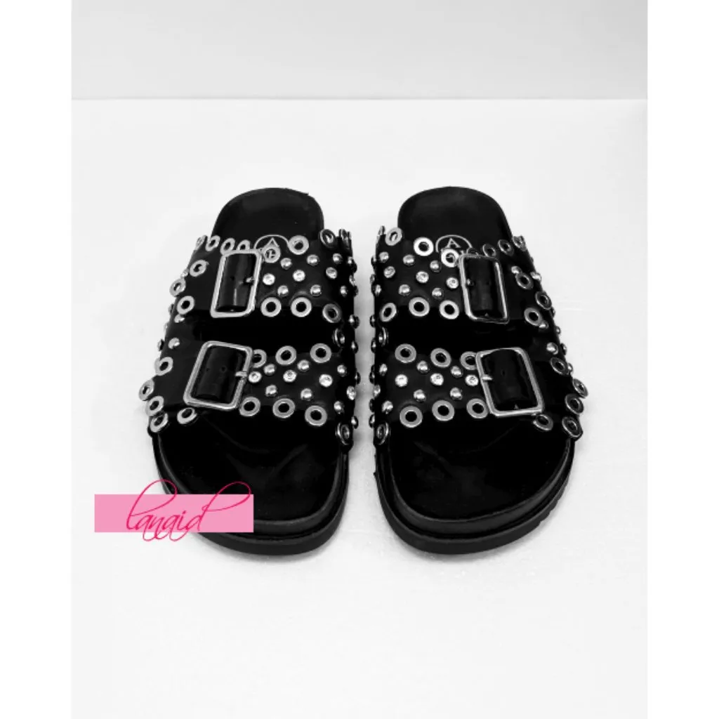 Ash Universe Slide Sandal Black Leather Studded Crystals Birks Flats Edgy Gothic - Image 7