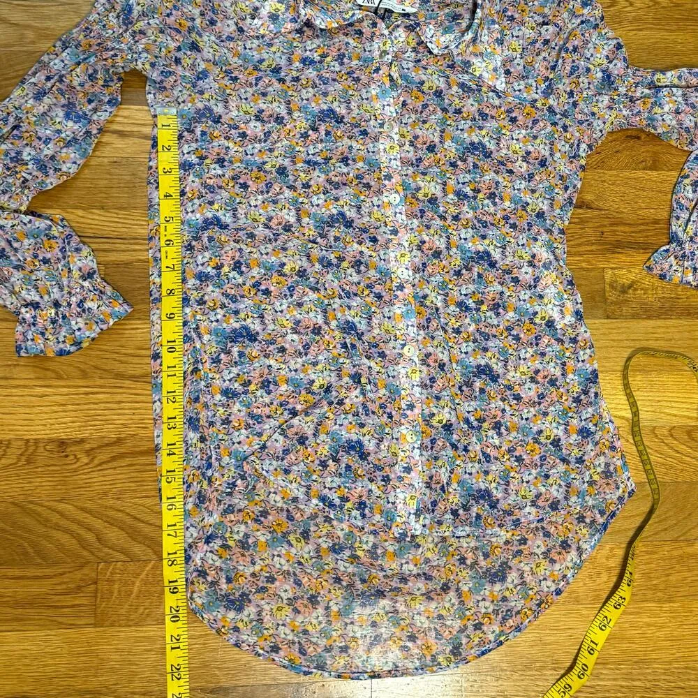 Zara Women’s XS Pink Orange Blue Floral Long Sleeve Button Down Shear Top Spring - Image 4