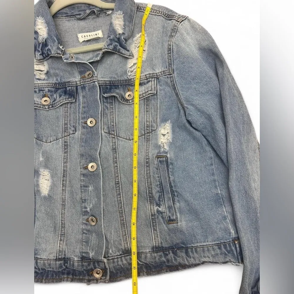 Cavalini Distressed Denim Jacket Women’s Large – Y2K Streetwear Jean Jacket - Image 3