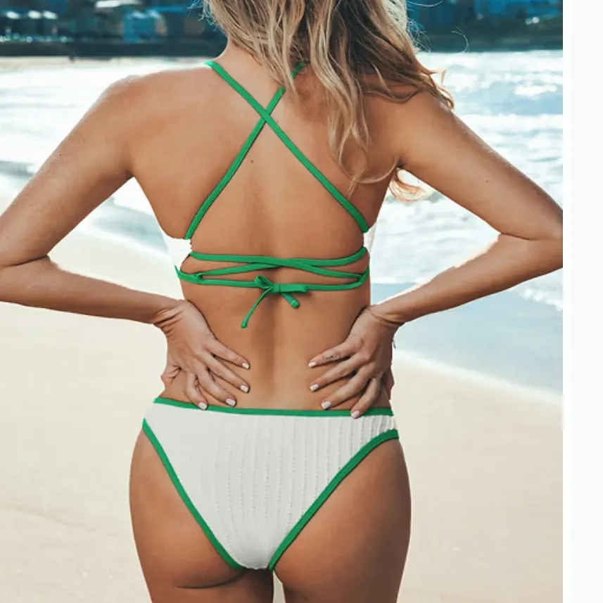 Cupshe White Textured Green Trim Crossback Cheeky Swim Bikini Set Size L - Image 2
