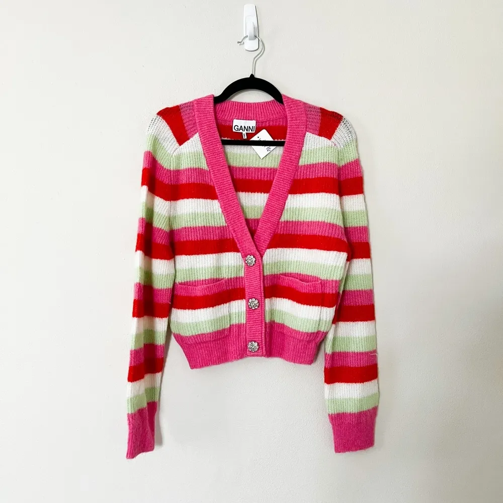NWT GANNI Stripe Bejeweled Cardigan Pink Sweater XS - Image 33