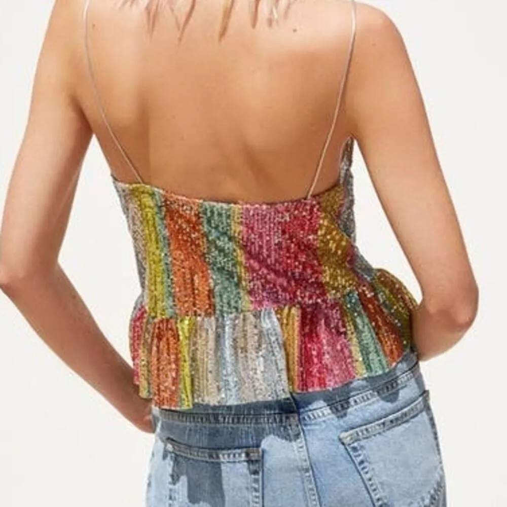 Zara Mermaid Striped Multicolor Sequin Peplum Ruffle Detail V Neck Shiny Top S - Image 5