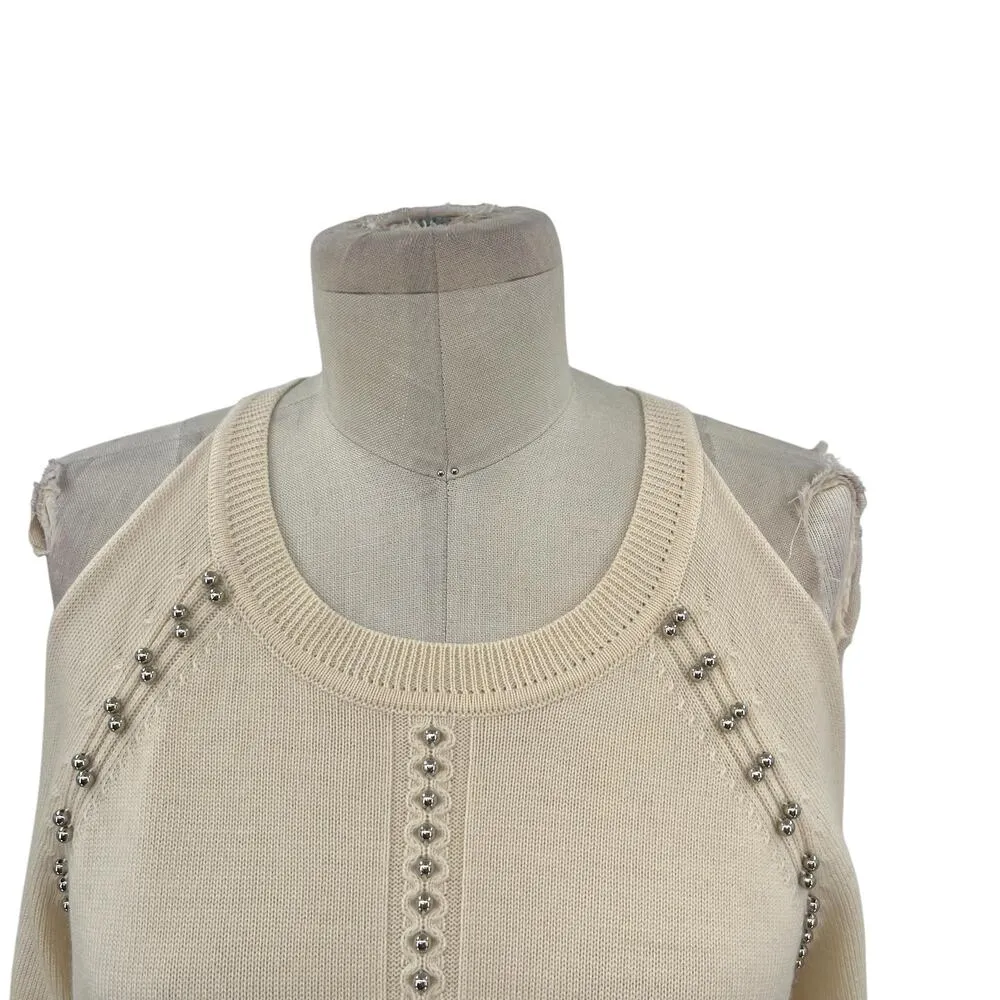 Ramy Brook Maya Sweater Cold Shoulder Beaded Long Sleeve Cream White Size Medium - Image 2
