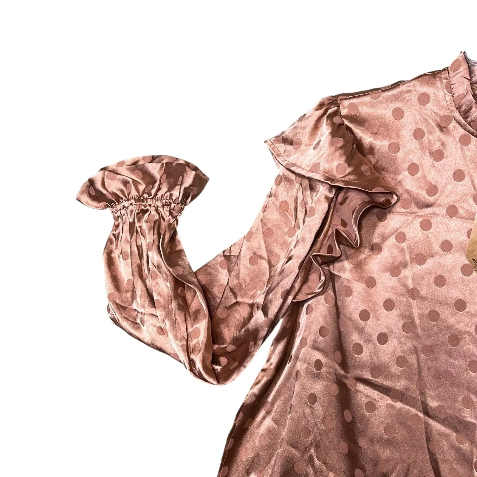 Indigo Poppy Modest Blouse Womens Large Brown Polka Dot Satin Ruffle Long Sleeve - Image 8