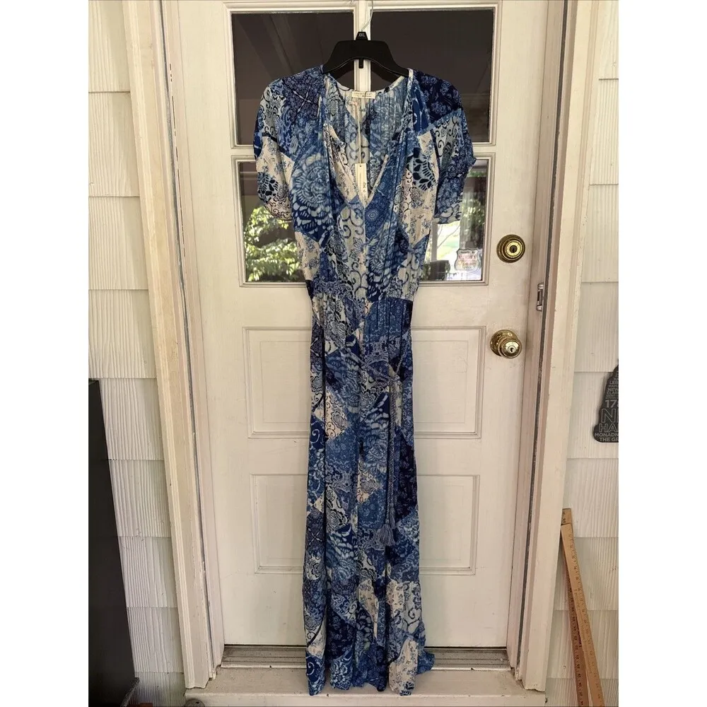 Love Stitch Bedford Patchwork maxi dress Blue Short Sleeve Tasselled Size M New - Image 9