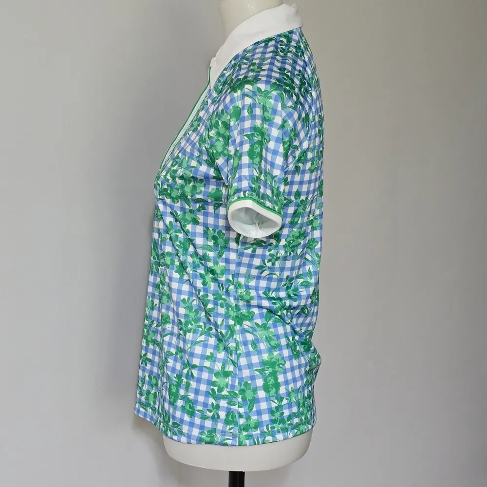 Pro Tour Short Sleeve Gingham Floral Golf Polo Size Small Green - Image 3