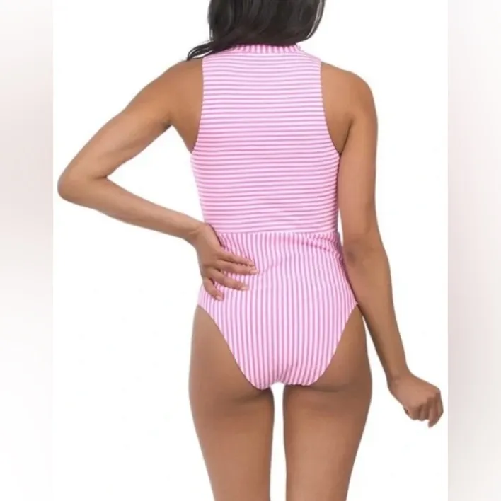 Splendid Seersucker Pink and White Striped Zip Front High Neck Swimsuit, Sz M - Image 2