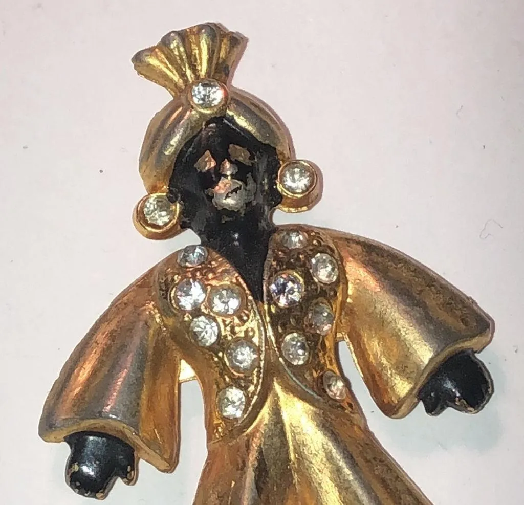 Vintage Satin Soft Gold Tone CZ Rhinestone Turban Man Brooch Shoulder Pin - Image 2