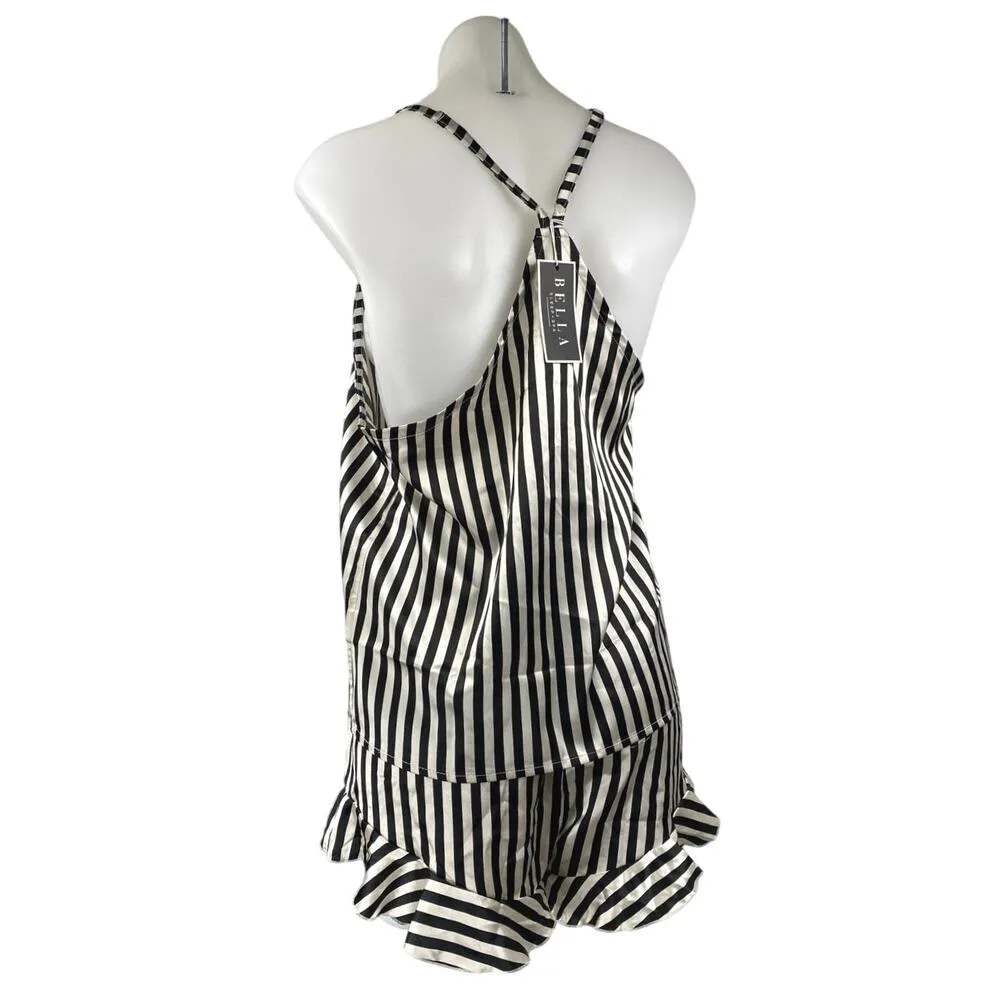 NEW Bella Black White Silk Satin Stripe Sleeveless Tank Shorts Pajama 2 Pc Set M Size M - Image 2