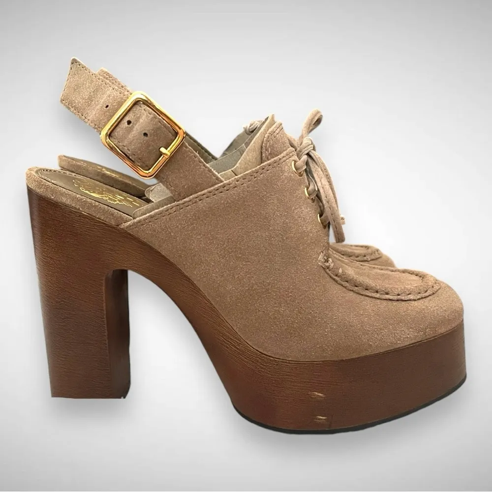 VINCE CAMUTO Inerta Suede Tan Platform Slingback Block Heel Clogs Size 5.5 | NIB - Image 7