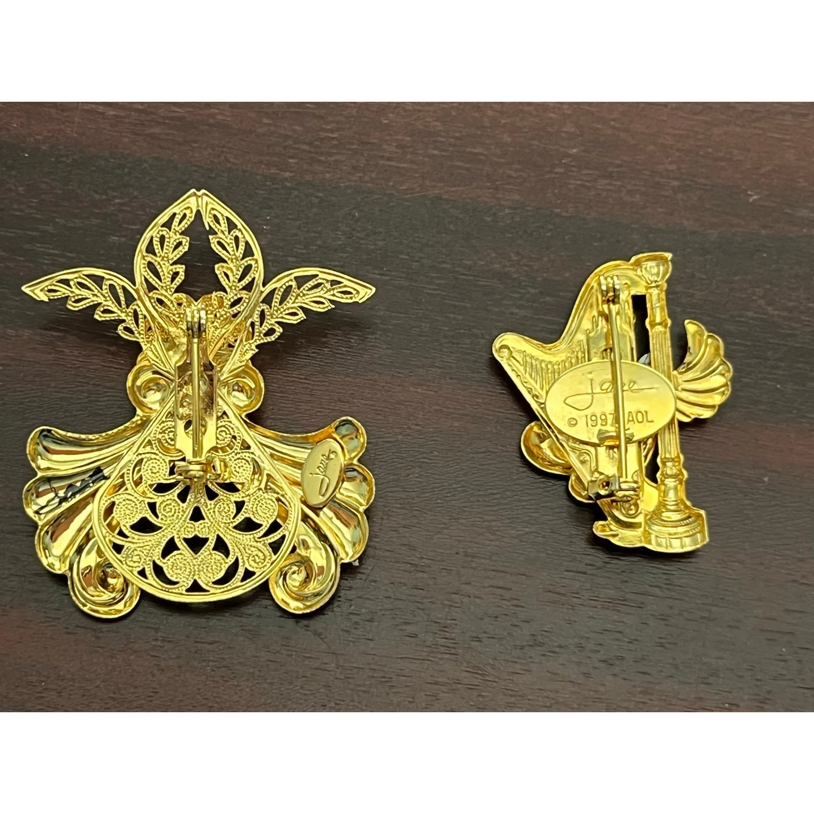 VTG Jane AOL Brooch Lot Angel and Harp Gold Tone Rhinestone Holidays - Image 2