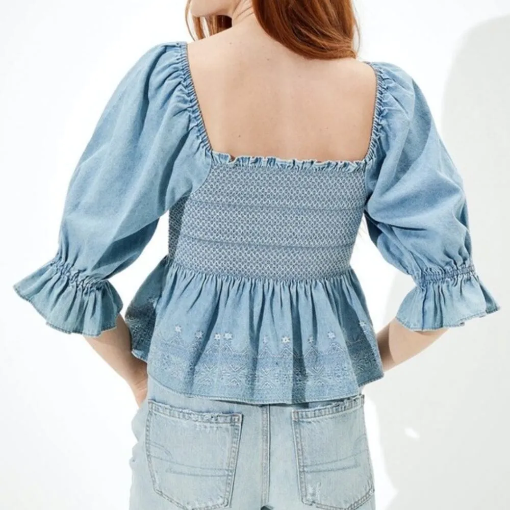 American Eagle Smocked Square Neck Babydoll Top Blue Size S - Image 2