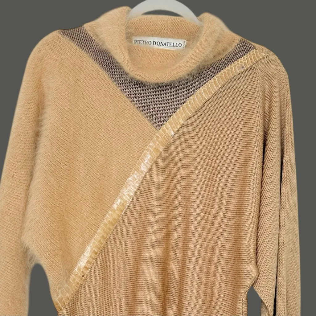 French Angora Patchwork Sweater • Silk Panel • Snakeskin Trim • Avant Garde S Tan - Image 2