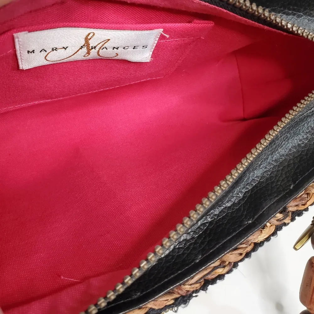 Mary Frances Straw into Gold Wood Beaded Floral Shoulder Bag Beaded Tassel - Image 9