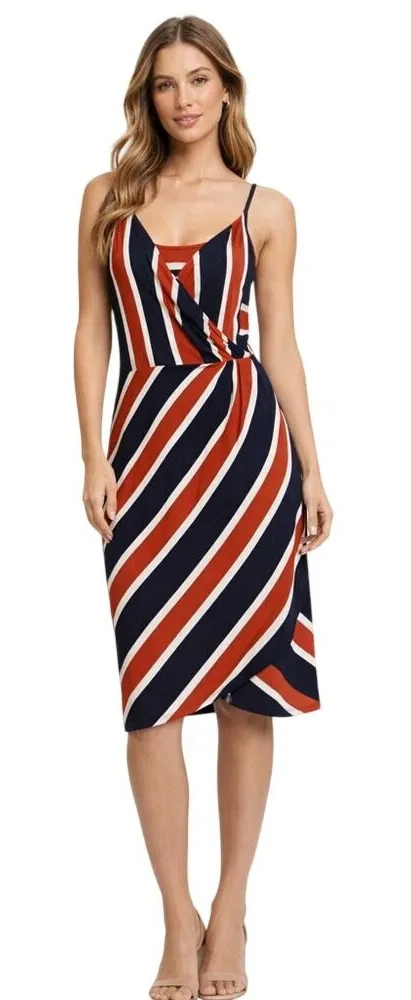 Market & Spruce Striped Wrap Midi Dress Navy White Spaghetti Strap Size Medium - Image 1