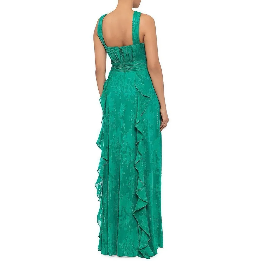 Aqua Formal Floral Burnout Chiffon Long Evening Gown Ruffle Skirt Green 0 NWT - Image 3